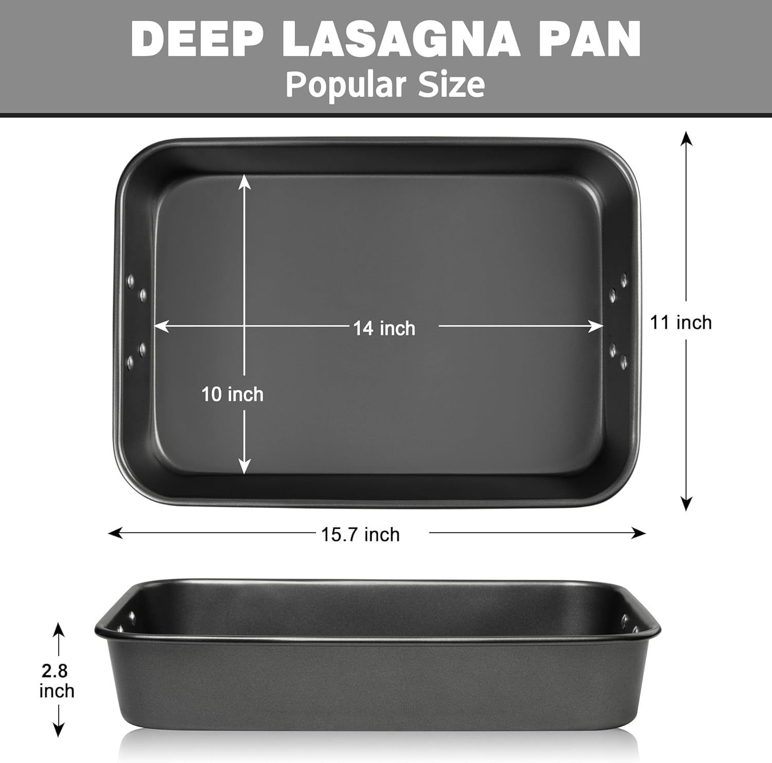 Tiawudi Lasagna Pan - Nonstick Rectangular Bakeware with Handles | 15x10x3 Inch Heavy-Duty Roasting Dish