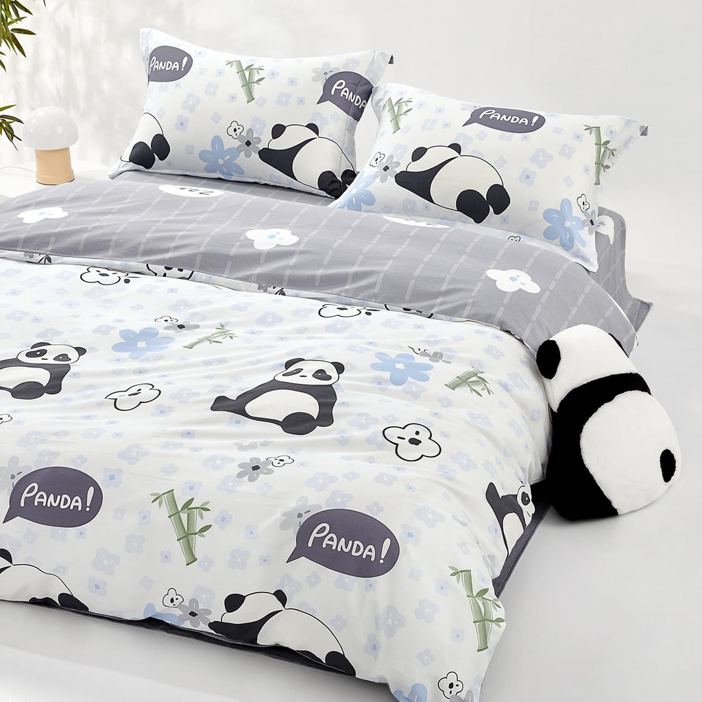 SAPHREAS Home Queen Size Cute Cartoon Pandas Duvet Cover Set 3pcs Animal Comforter Cover 100% Cotton Kids Duvet Cover Set 1 Duvet Cover 2 Pillow Shams
