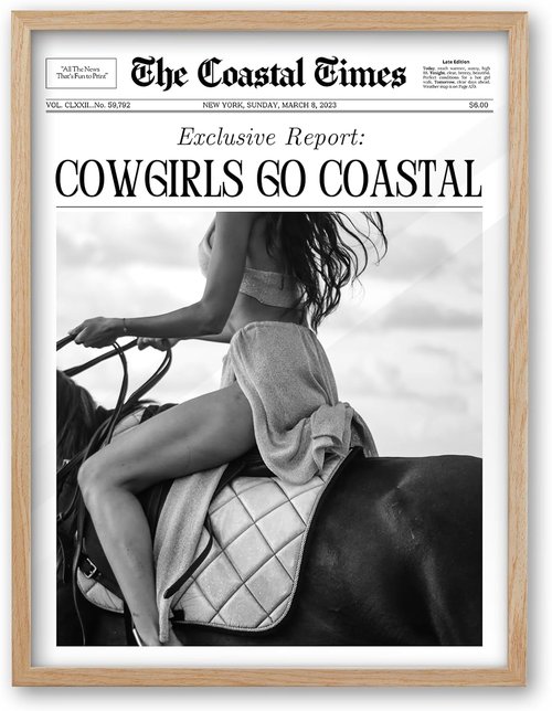 iHery Framed Cowgirls Go Coastal Canvas Wall Art - Natural Oak Wood 12x16in for Trendy Bedroom Decor