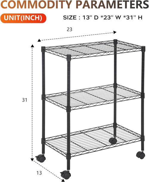 BestOffice 3-Tier Wire Storage Shelves - Adjustable Heavy-Duty Metal Racks with Wheels | 23x13x31 | Black | Holds Up to 170 lbs | No-Tool Assembly for Home & Garage