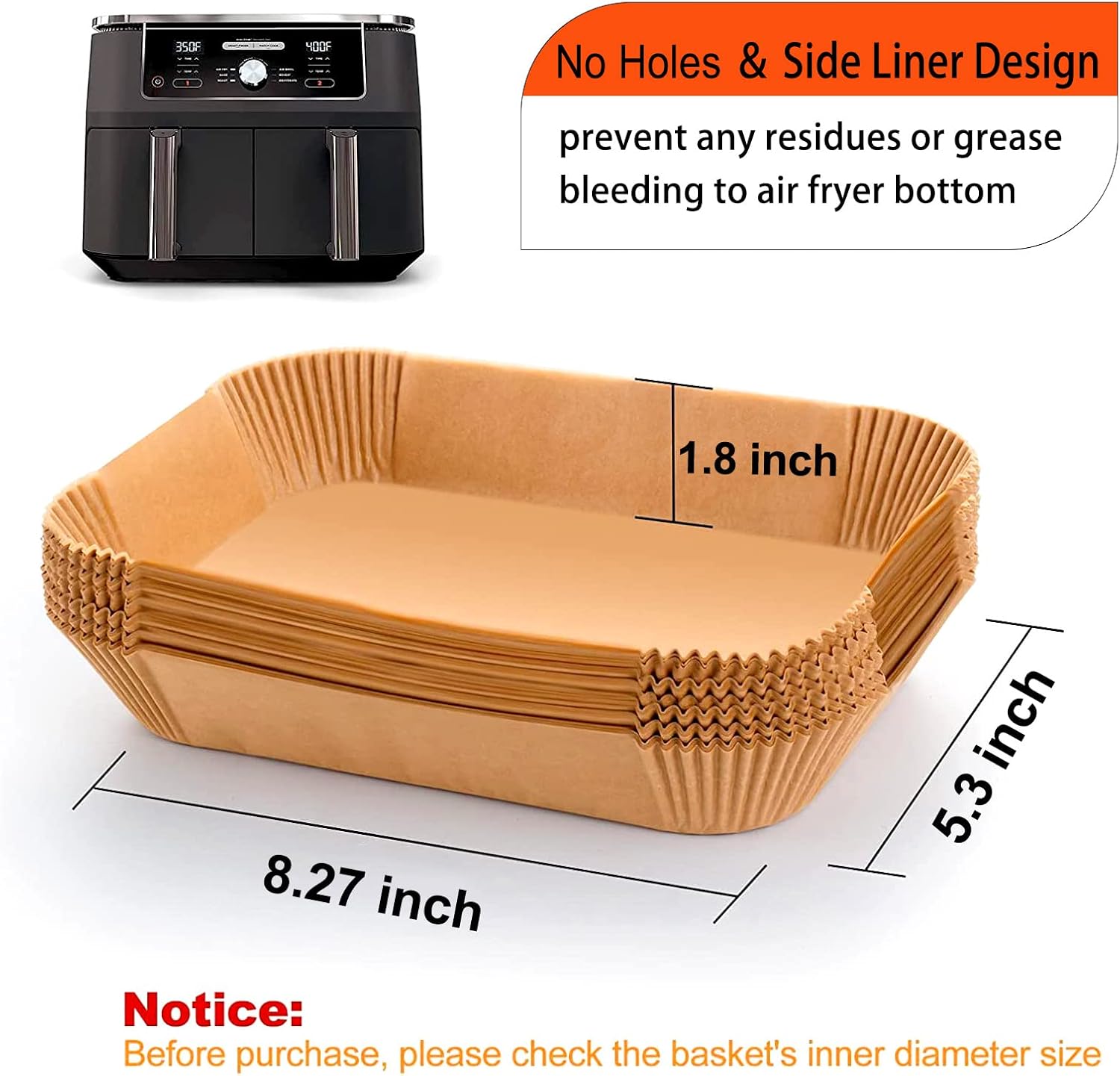 Ninja Foodi Air Fryer Liner - Rectangular Parchment Paper for 8QT & 10QT Baskets | 125-Pack