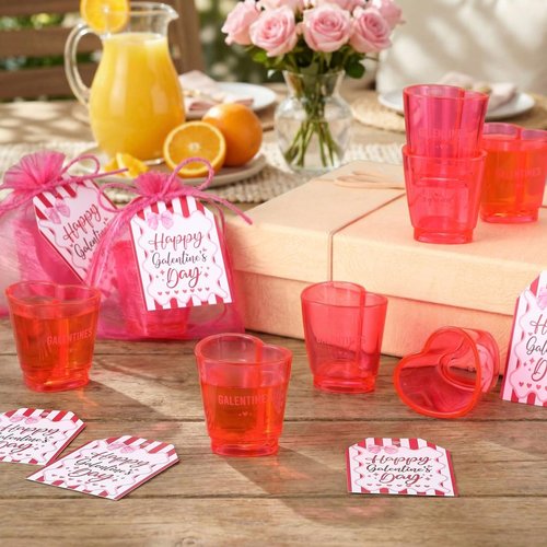 Ferrochef 24 Set Galentine Day Gift Heart Shaped Shot Glasses Set 1.5 oz Plastic Drinking Cups with Galentine Greeting Cards for Valentines Friendship Women Party Favors(Fuchsia)
