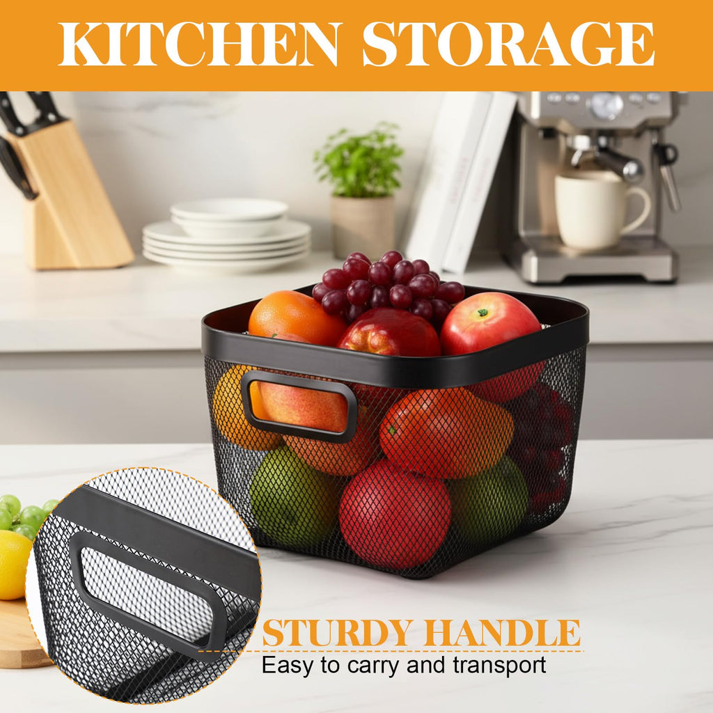 Maxdot 4 Pack Metal Mesh Steel Basket with Bamboo Lids 9.65 x 9.65 x 6.89 Inches Stackable Metal Mesh Basket with Handles Wire Storage Bin for Storage Fruits Pantry Bathroom Kitchen Cabinets Shelves