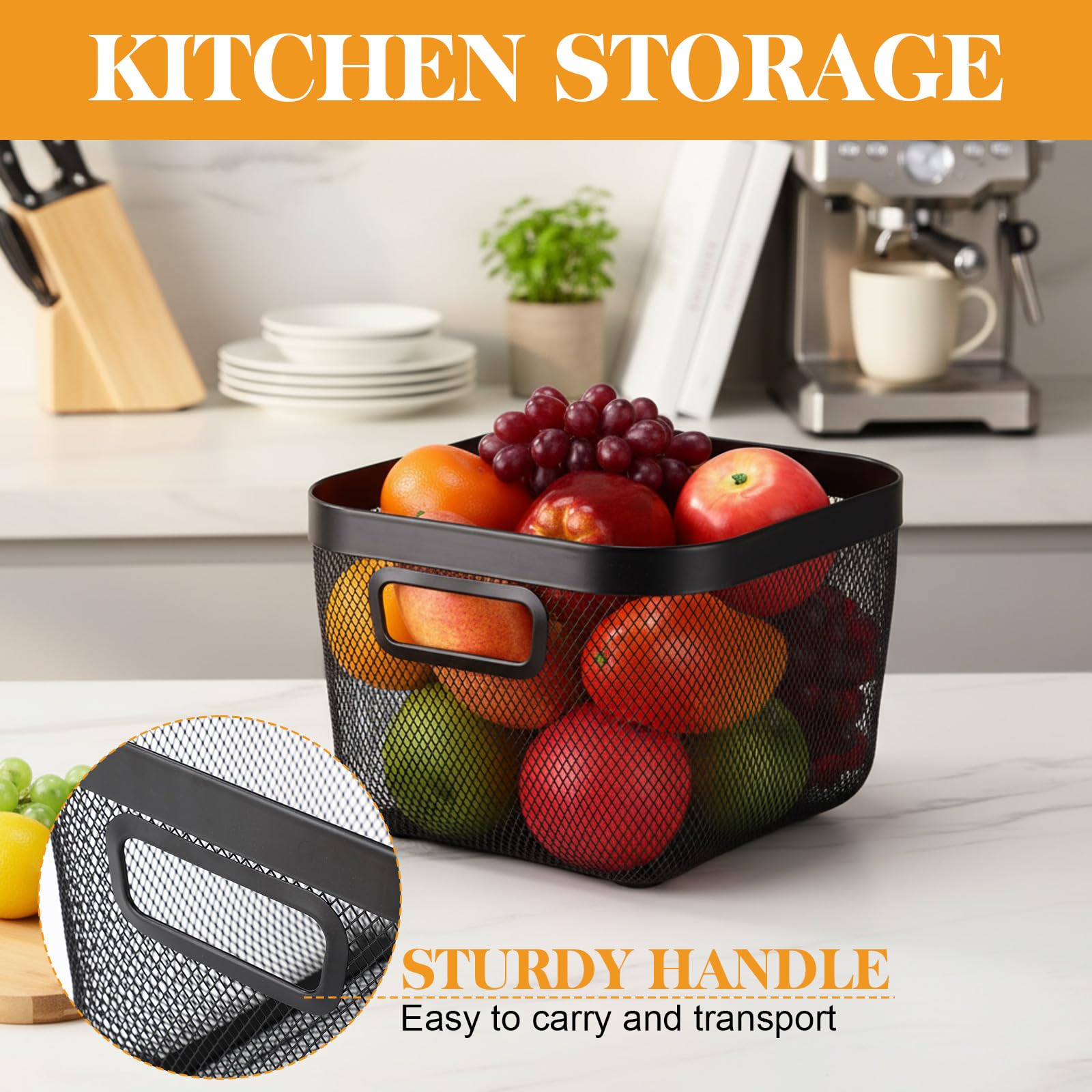 Maxdot 4 Pack Metal Mesh Steel Basket with Bamboo Lids 9.65 x 9.65 x 6.89 Inches Stackable Metal Mesh Basket with Handles Wire Storage Bin for Storage Fruits Pantry Bathroom Kitchen Cabinets Shelves