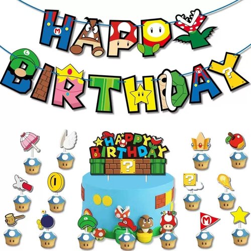 FOR Mario Birthday Party Supplies, Party Decorations Set Include Banner, Balloons, Hanging Swirls, Cake Cupcake Toppers, Tablecloth for Boys Girls Mario Theme Party
