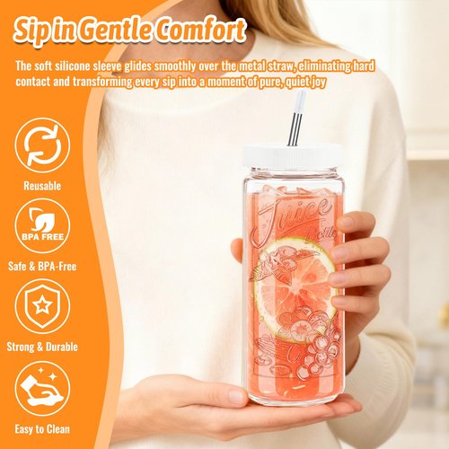 8 Pack 16oz Glass Juice Bottles with Lids - Juicing Bottles with Thickened Leakproof Caps & Custom Designs, High-Clarity Reusable Glass Bottles for Juicing, Smoothies, Kombucha and Iced Coffee