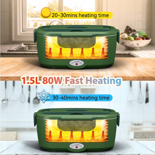Sitlais Heated Lunch Box for Men&Women - 80W Electric Lunch Box for Adults with Dual 1.5L 304 Stainless Steel Containers Fast Heating Portable Food Warmer for Car&Truck lonchera eléctrica portátil