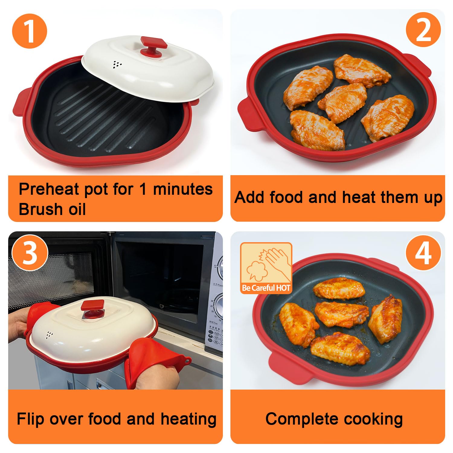 Microwave Grill Pan with Cover, Microwave Cookware Multi-Use for Grilling, Frying, Browning and Crisping, Microwave Bacon Cooker, Omelette Maker, Omelette Pan, Quesadilla Maker, Easy to Clean (Red)