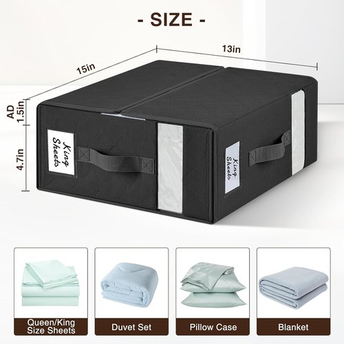 Homsorout Bed Sheet Organizer - Foldable Storage with Window & Label | XL Black Bedding Storage, 6 Pack