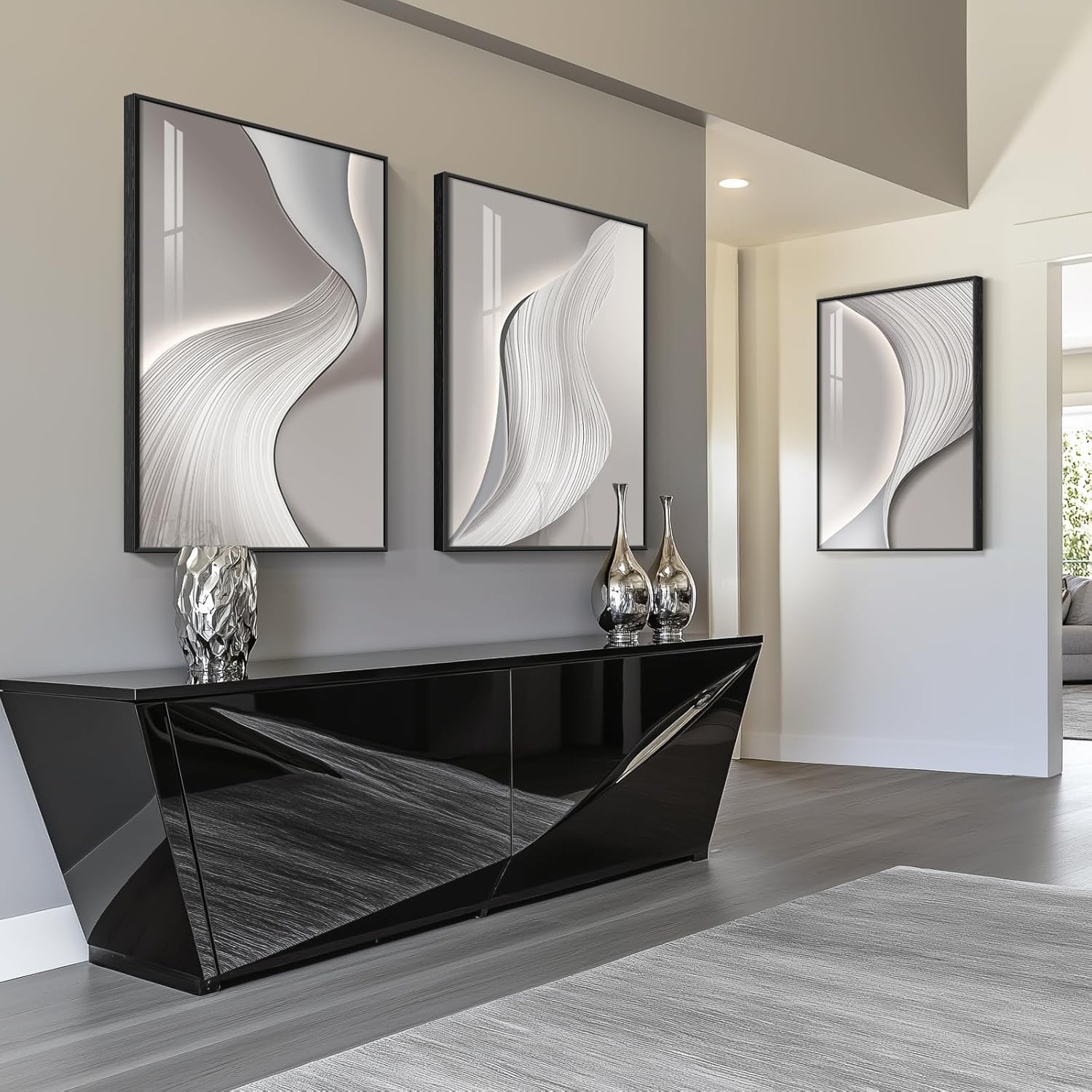 Skiennix Large Framed Modern Abstract Wall Art - Minimalist Bright Style Prints | Silver Gray 24x36 In