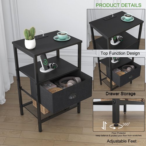Sthmec Nightstands Set of 2, LED Bedside Tables with Charging Station and Fabric Drawer, Night Stand with Storage, 3 Tier Side Table with Open Shelf, LED Nightstand with Charging Station, Black
