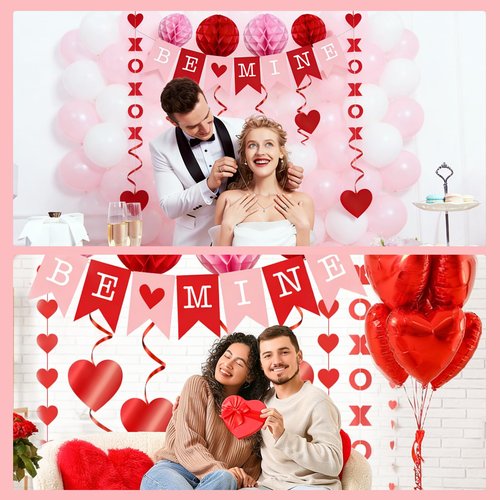 GIFTODAY 21Pcs Valentine's Day Decorations Set - Pre-Assembled BE MINE Banner with Heart Swirls & XOXO Garlands, Romantic Party Decor for Engagement Wedding Anniversary Party