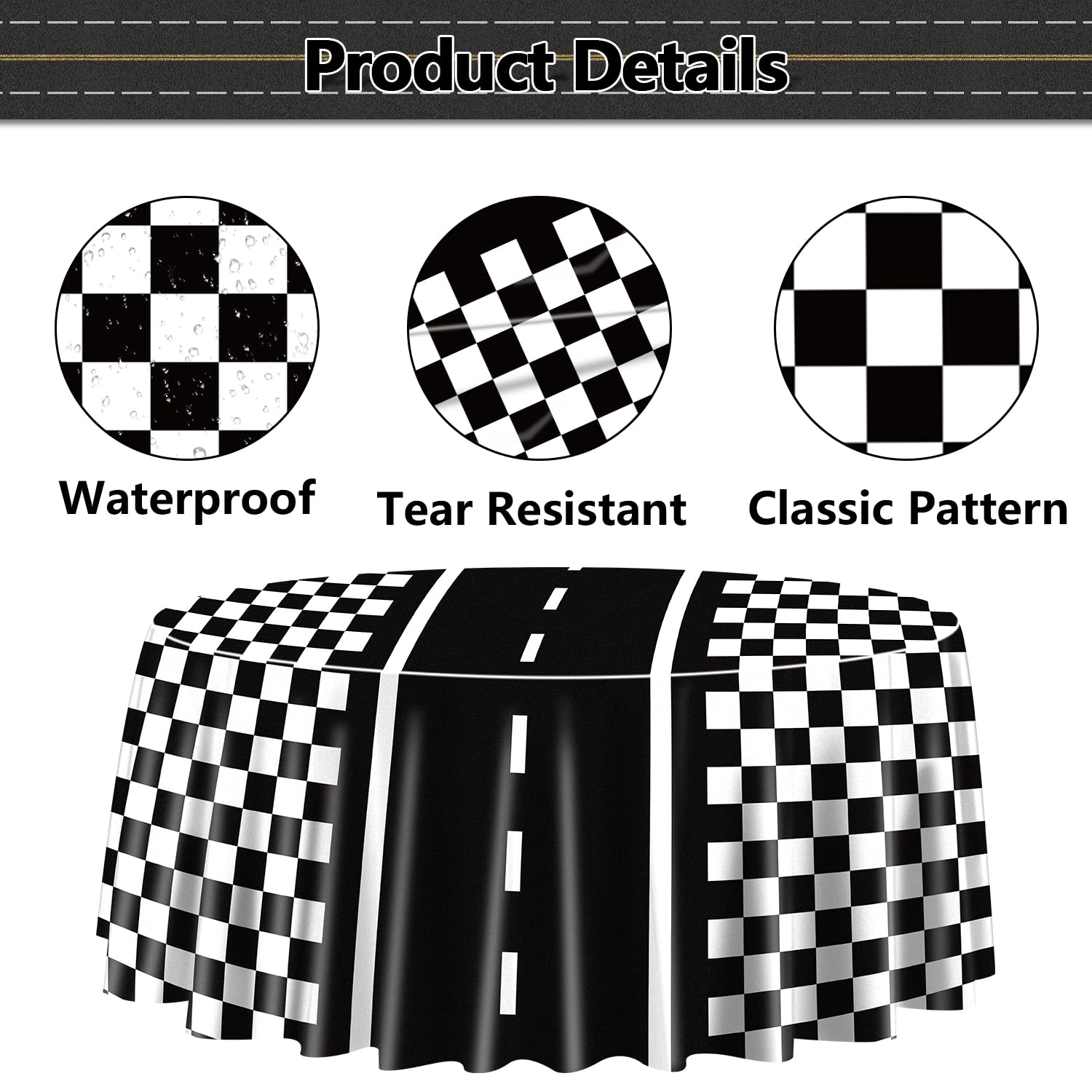 PIXHOTUL Racing Car Tablecloths for Round Table, Plastic Black Racetrack Tablecover for Kid's Birthday Racing Car Theme Party Fast One Two Fast Party, 84 x 84in
