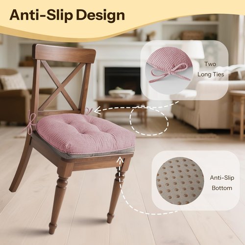 FlyGulls Indoor Kitchen Chair Cushions Set of 4 18"X16.5"X3" Soft Anti Slip Dining Chair Pads Tufted Kitchen Seat Cushion with Ties, Light Pink