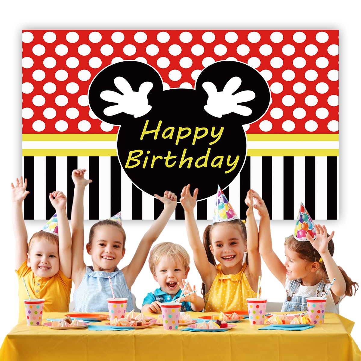 5x3FT Happy Birthday Red Mouse Photography Backdrop,Mouse Theme Party Backdrop Decorations (Birthday)