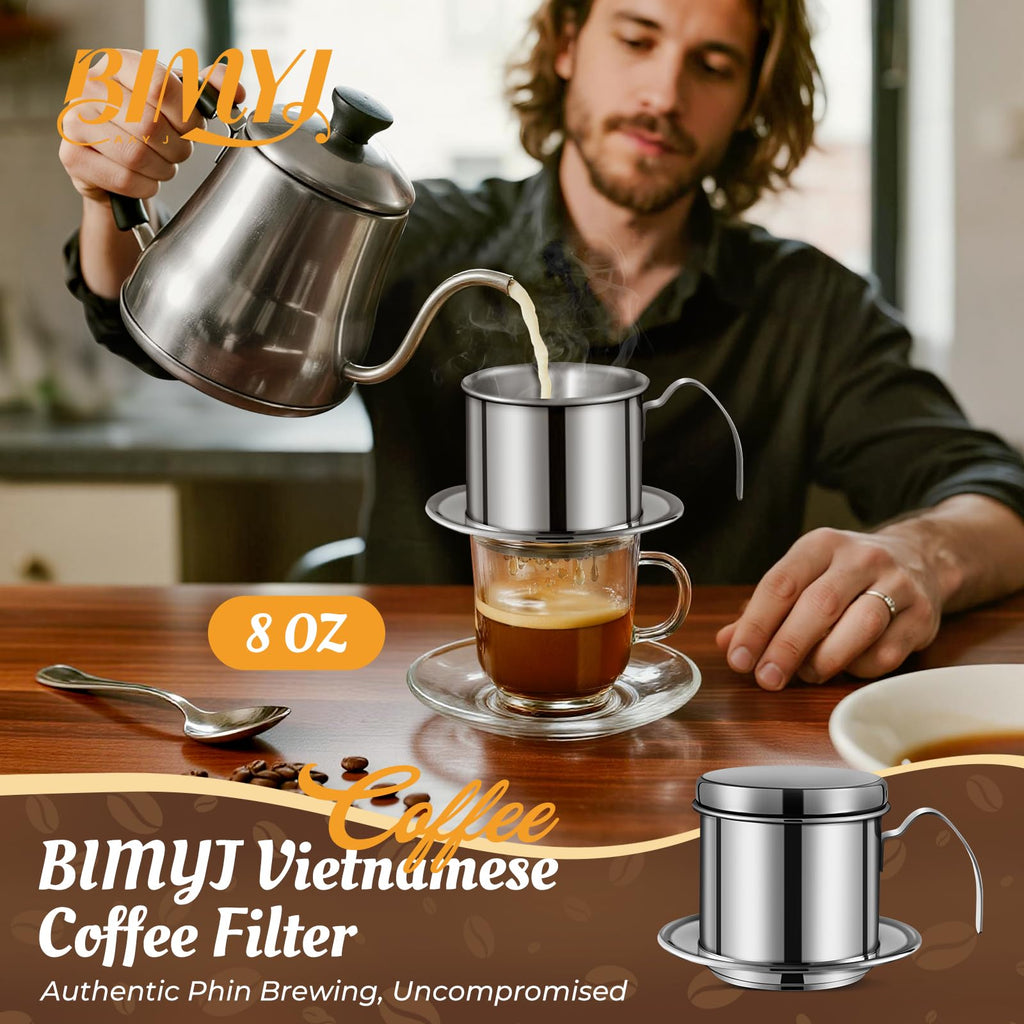 BIMYJ Authentic Vietnamese Coffee Dripper | Heavy-Duty 8oz Phin Filter Vietnamese Coffee Maker | Premium Stainless Steel Phin Coffee Filter for Rich Slow-Drip Brew