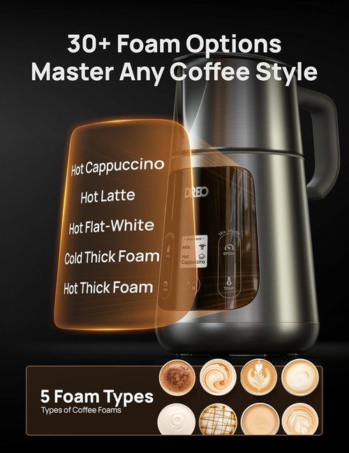 DREO Electric Milk Frother - All-in-One Foam Maker for Coffee | 15oz Automatic Latte Art Microfoam, Easy to Clean