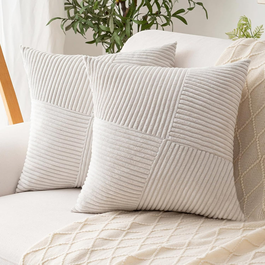 Skiennix Decorative Throw Pillow Covers - Soft Corduroy Striped Patchwork | 18x18 Inch Set of 2 for Boho Farmhouse Decor