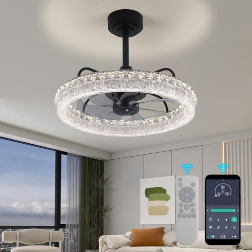 Hrtghzir 19.88" Ceiling Fans with Lights and Remote, Modern Crystal Chandelier Quiet Ceiling Fans, 3000K-6500K Smart Blade LED Fan Light, Modern Ceiling Fan with Lights for Bedroom, Black