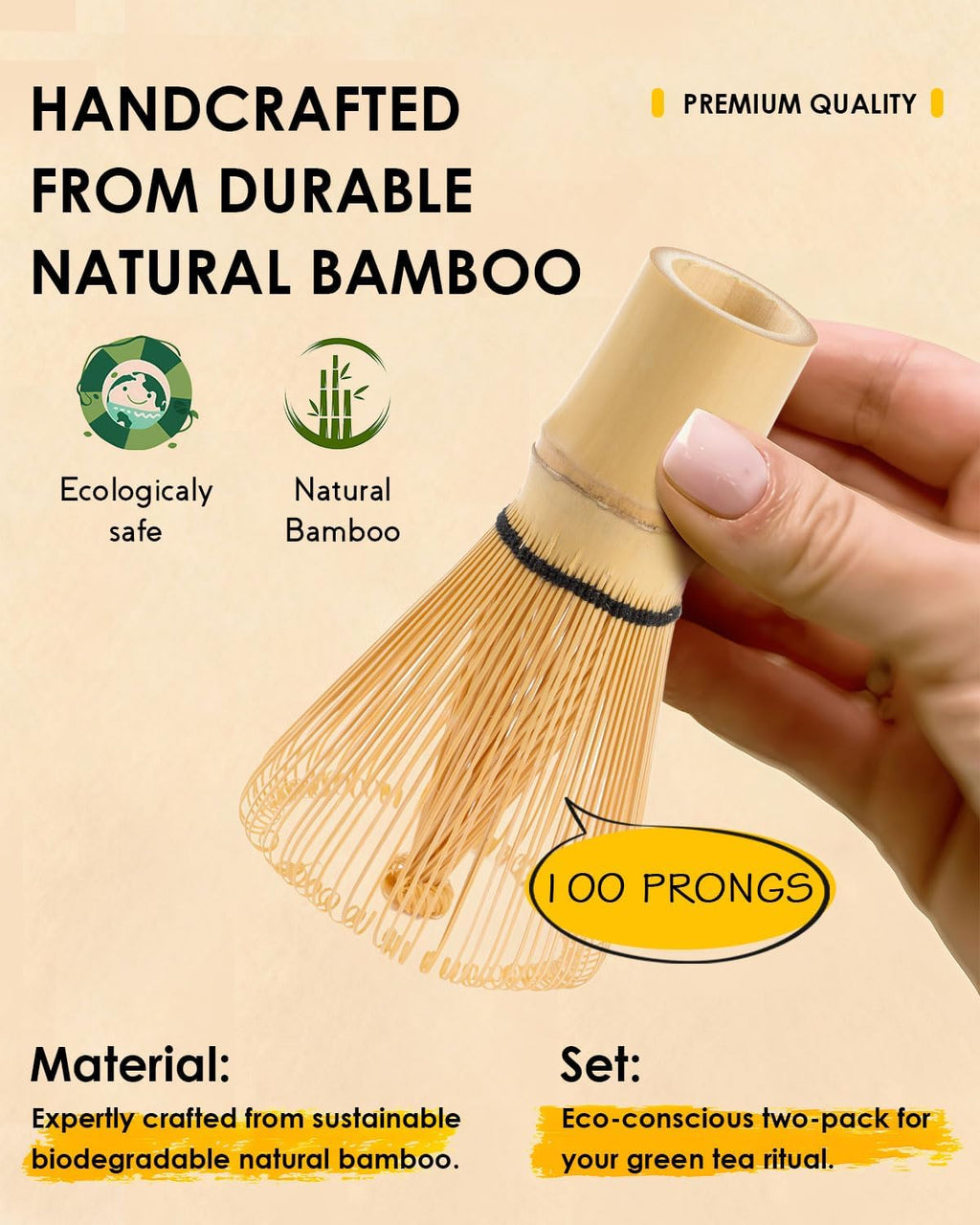 Matcha Whisk | 2-Pack Bamboo Chasen Set - Handcrafted 100-Prong Stirrer for Authentic Tea Preparation