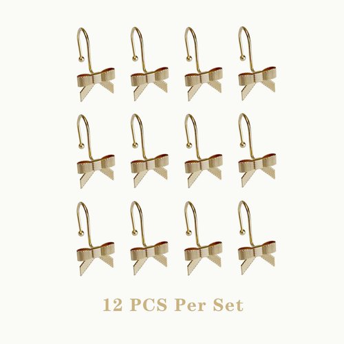 Dylrauoza Shower Curtain Hooks, Gold Bow Metal Rust Proof, 12 Pack Decorative Shower Rings for Bathroom