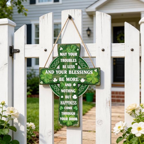 YGEINIT St Patrick's Day Door Wreath Decorations Happy Wooden St. Patrick's Day Sign Cross Lucky Shamrock Clover Irish Blessing Spring Decor for Wall Outdoor Home Party Living Room Decoration