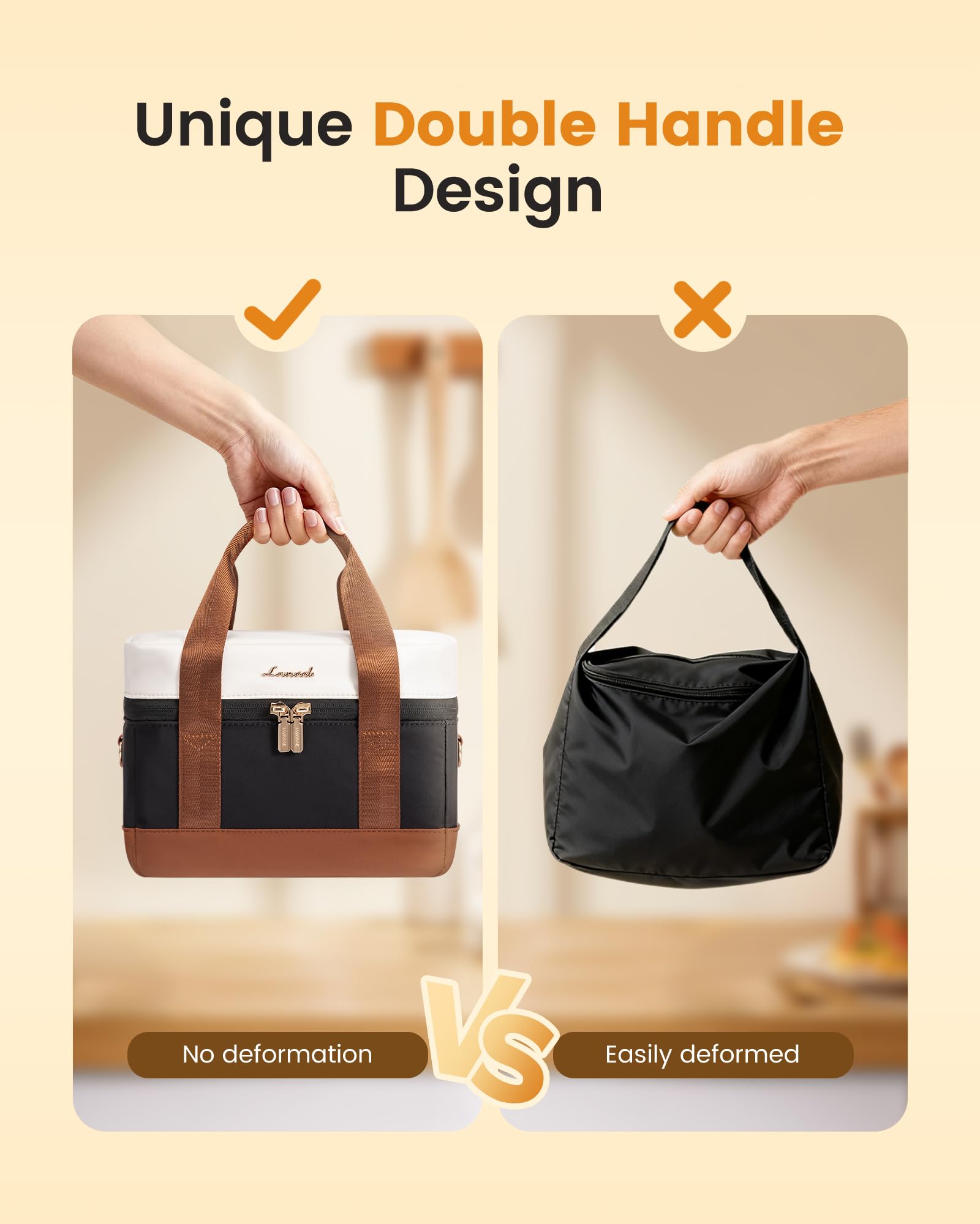 LOVEVOOK Insulated Lunch Box for Women Men, Reusable Lunch Bag with Large Capacity, Leakproof Cooler Lunch Tote for Work, Office, Outdoor Use, Black-beige-brown