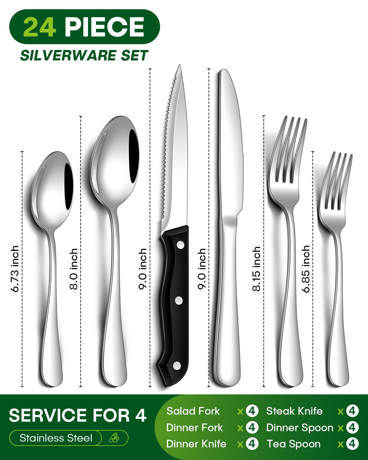 PHILIPALA 24 Pcs Silverware Set with Steak Knives Food-Grade Stainless Steel Flatware Set for 4 Mirror Cutlery Include Forks Spoons and Knives Set Dishwasher Safe Utensil Sets for Home Restaurant