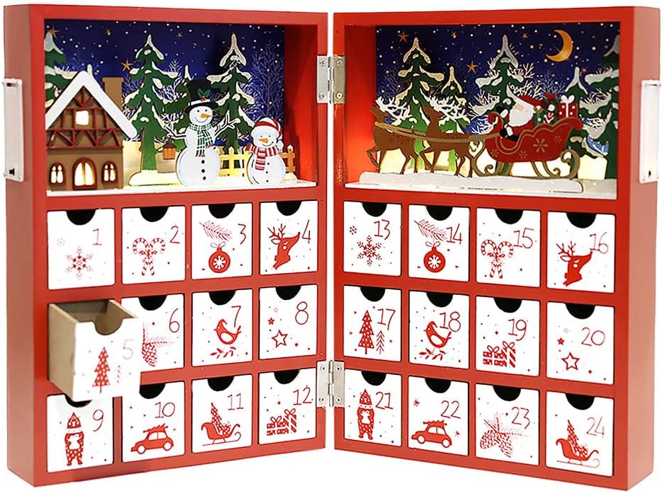 Skiennix Christmas Wooden Advent Calendar - LED Lighting, Red Snowman & Santa Design, 24 Drawers for Holiday Countdown