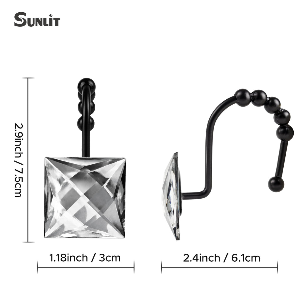 Sunlit Luxury Design Square Clear Diamond Crystal Gem Bling with Glide Balls Shower Curtain Hooks, Rust Proof Metal Rhinestones Glam Shower Curtain Rings with Black Hooks, Set of 12