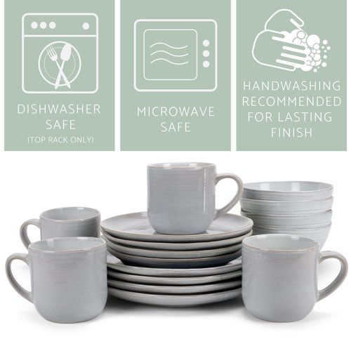 Elanze Designs Reactive Glaze Farmhouse Rustic Boho Ceramic Stoneware Dinnerware 16 Piece Plate Bowl Mug Dish Set - Service for 4, Pale Grey