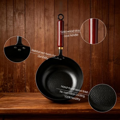 Calmabode 10" Pre-Seasoned Carbon Steel Wok - Fast, Even Heating - Works on Gas, Electric & Induction - Durable Commercial-Grade - Ready-to-Use, Easy Maintenance - Toxin-Free Cooking - Deep Pan