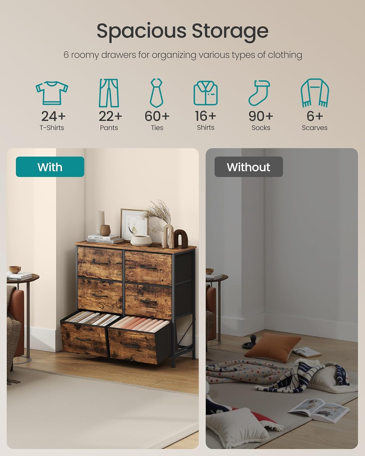 SONGMICS Dresser - 6 Non-Woven Fabric Drawers Storage Organizer Unit for Bedroom | Rustic Brown & Ink Black