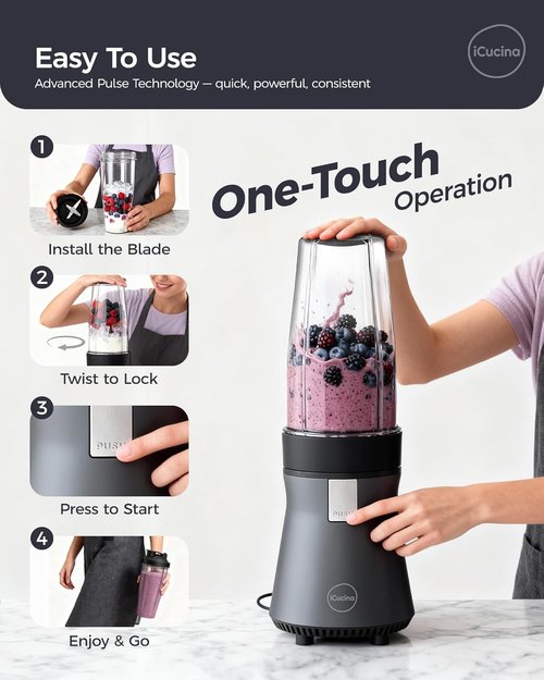 iCucina Smoothie Blender - 700W Personal Blender for Shakes & Smoothies | Includes 2 x 28oz Portable Cups
