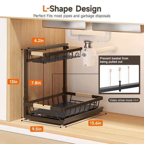 Sevenblue 2 Packs Under Sink Organizer, Height Adjustable 2 Tier Under Kitchen sink organizer, Multi-Purpose Storage Shelf for Kitchen Bathroom Cabinet (Brown, Large)