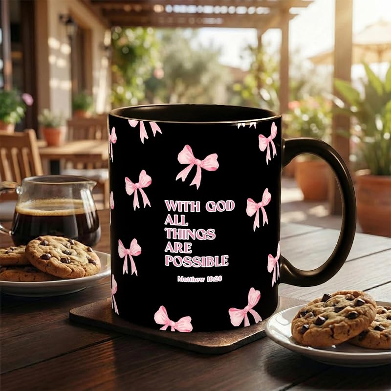 With God All Things Are Possible Christian Coffee Mug - 12oz Ceramic Mug, Black & Pink Variation