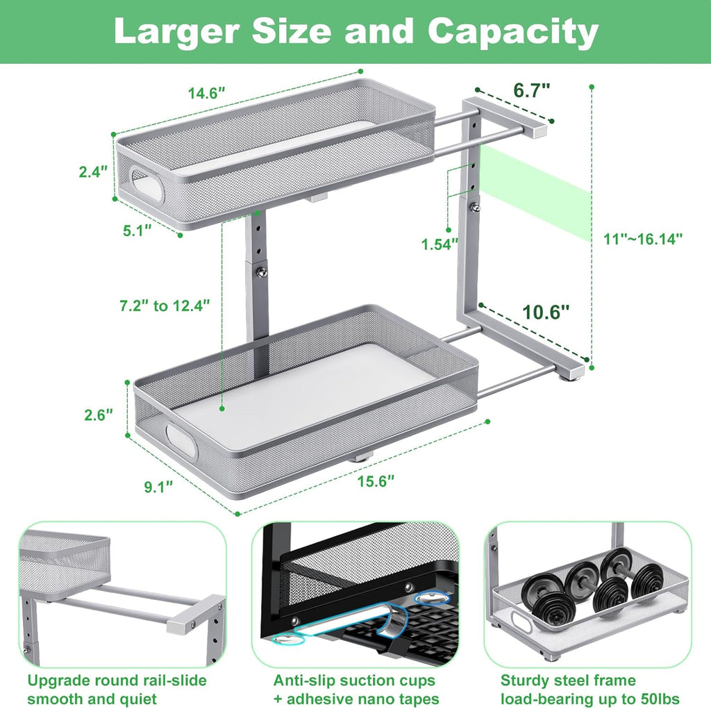 Under Sink Organizer 2 Pack - Adjustable 2 Tier Metal Storage Drawers for Kitchen & Bathroom