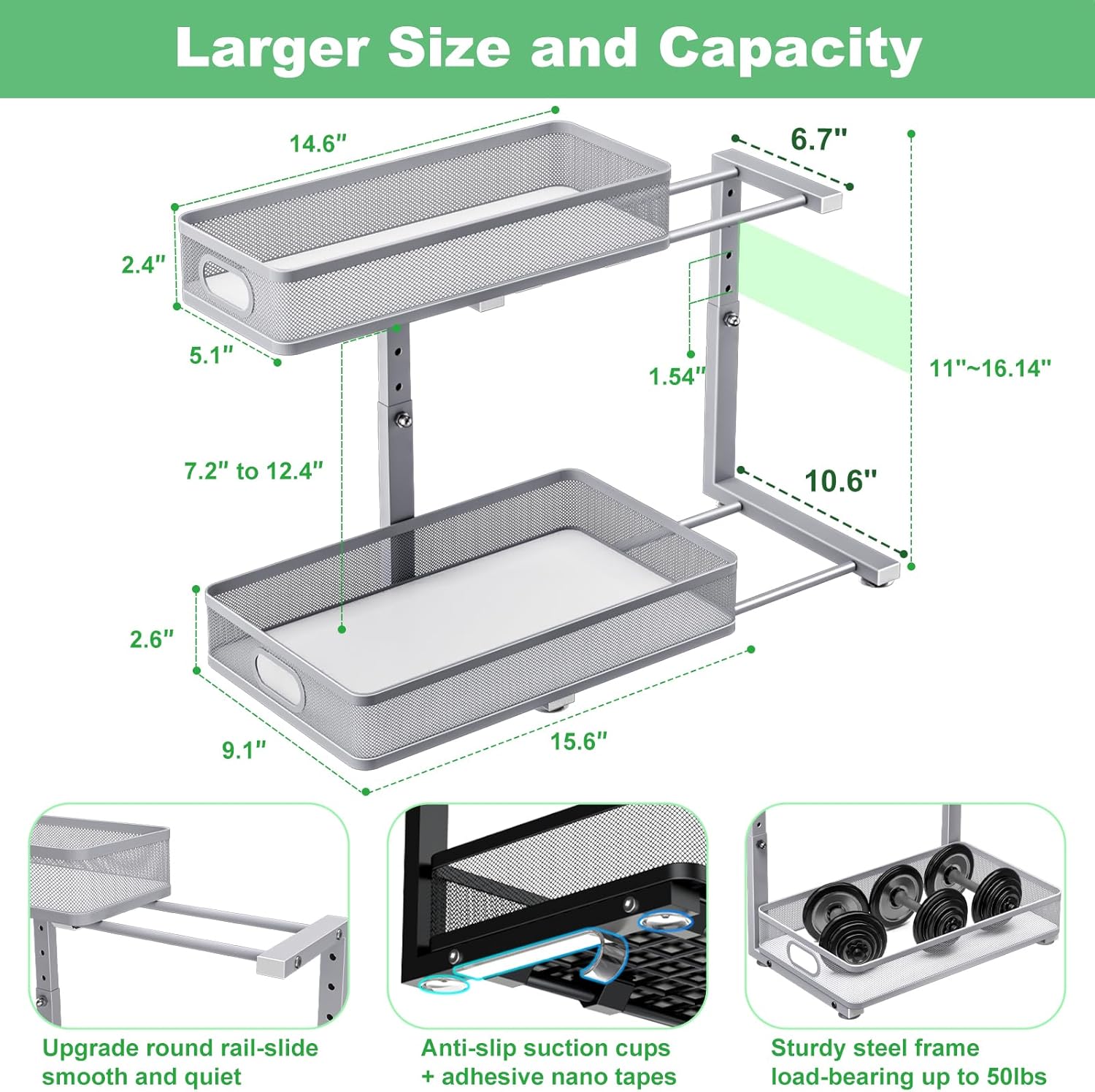 Under Sink Organizer 2 Pack - Adjustable 2 Tier Metal Storage Drawers for Kitchen & Bathroom