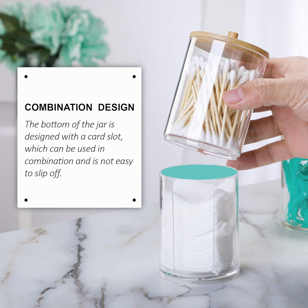Skiennix Qtip Holder Set - 3 Pcs Clear Acrylic Dispensers with Bamboo Lid for Bathroom Storage