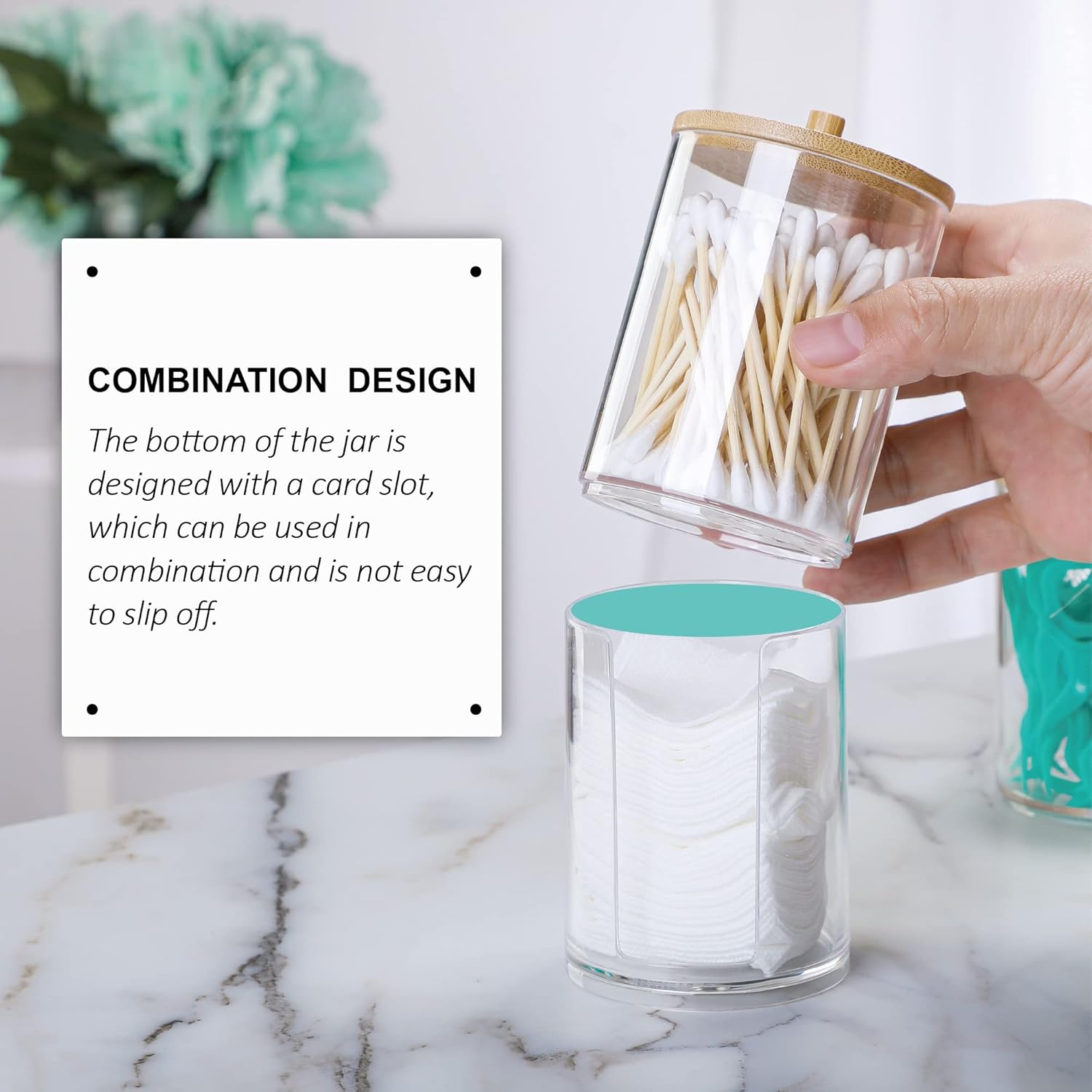 Skiennix Qtip Holder Set - 3 Pcs Clear Acrylic Dispensers with Bamboo Lid for Bathroom Storage