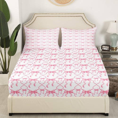 Erosebridal Pink Bow Bed Sheets for Kids Teen Women,Cute Ribbon Bowknot Full Bedding Sets for Girls Kawaii Watercolor Bow Tie Sheet Set,Pink White Princess Bow Bed Sheet Set 4 Piece