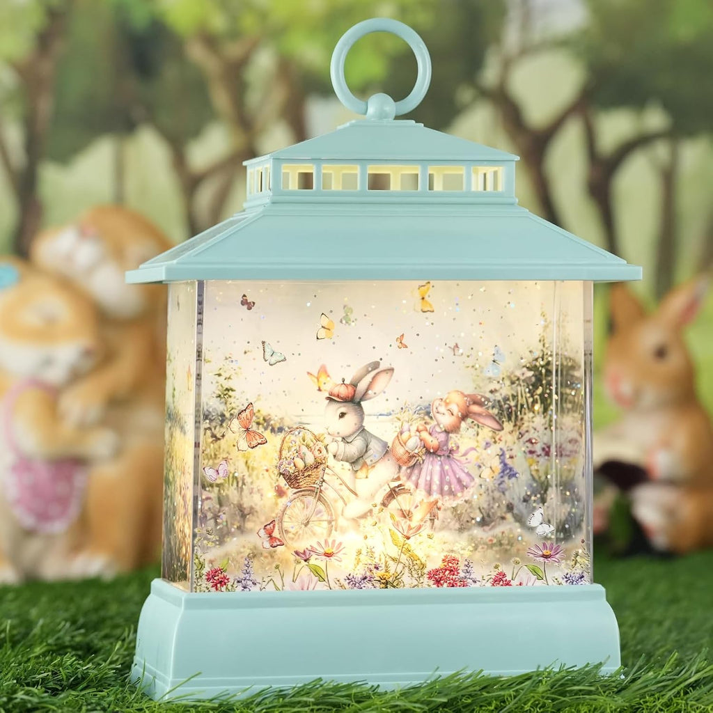 Skiennix Easter Snow Globe Lantern - Light-Up Bunny & Egg Decor with Timer | Glitter Spring Tabletop Decoration