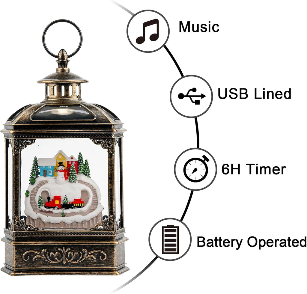 VISFLAIR Christmas Village Snow Globe Lantern - Musical Lighted Snowman & Train | Battery Operated or USB Powered