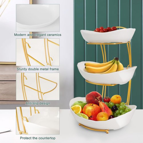 KXSGKRR 3 Tier Fruit Bowls for Kitchen Counter, White Ceramic Serving Bowls with Gold Metal Stand, Tiered Fruit Basket Display Rack for Fruits Vegetable Snack Nuts Cake Dessert Storage