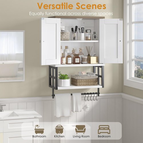 FUNHUKSON Farmhouse Medicine Cabinet - 3-Tier Wall Mounted Storage Organizer with Adjustable Shelves, Towel Bar, 5 Hooksfor Small Bathroom, Laundry Room, Over Toilet, Living Room, Bedroom (White)