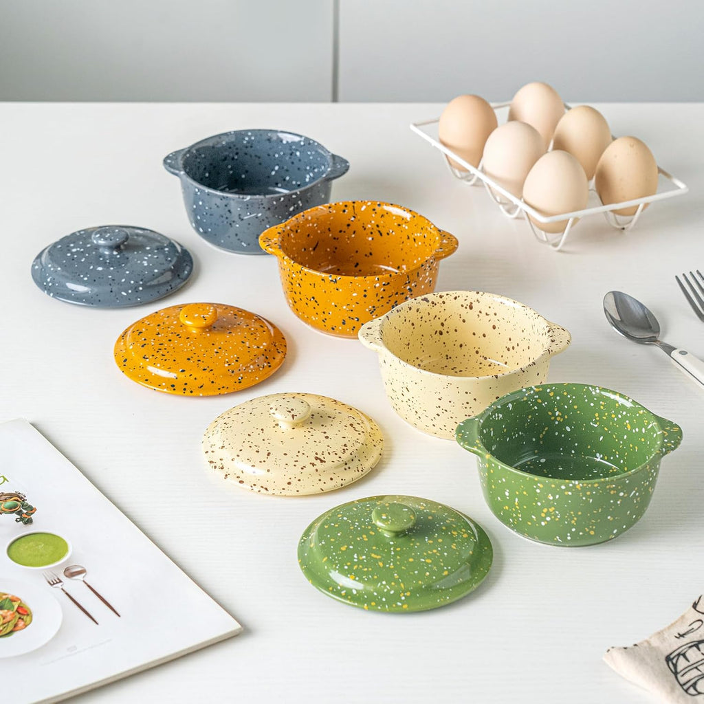 Skiennix Mini Ceramic Casserole Dishes - Oven-Safe 10 Oz Ramekins with Lids & Handles | Green 4-Pack