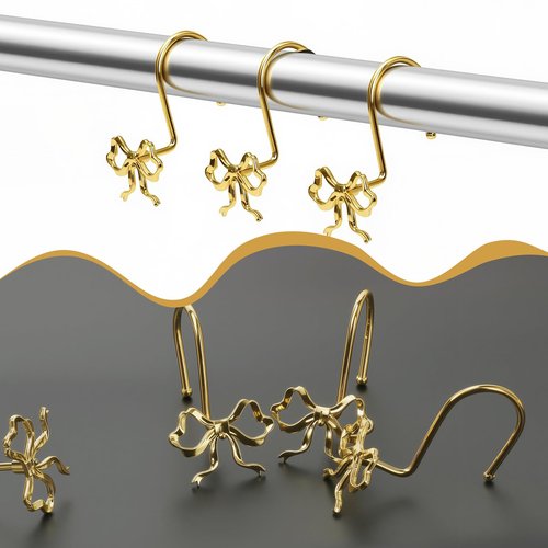 Kreapa Gold Bow Shower Curtain Hooks, 12 Pcs Metal Gold Shower Curtain Hooks for Bathroom Decor, Elegant and Rustproof, Suitable for Standard Showers Curtains Rods