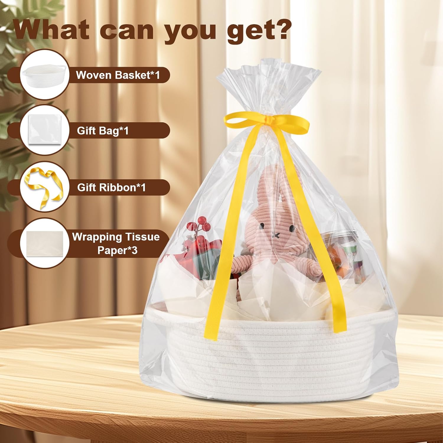 OIAHOMY Woven Gift Basket - Small Nursery Organizer with Handle, Ribbon & Tissue Paper | White