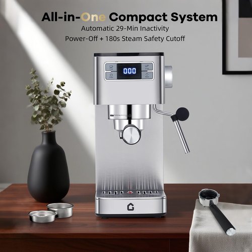 GarveeHome Compact 20 Bar Espresso Machine–Stainless Steel, Steam Milk Frother, Removable Tank for Cappuccino/Latte,(Silver)