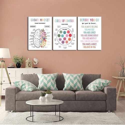3Pcs Motivational Wall Art by Mental Health | Inspiring Canvas Prints for Therapy Office & Home - 12x16in Framed